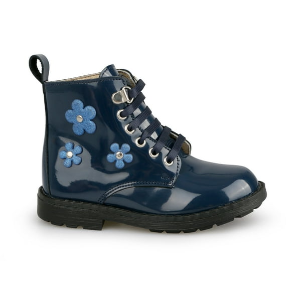 Botita de Charol color Azul Marino para Niña con detalles de flores en lateral y forro de piel Dogi Bota