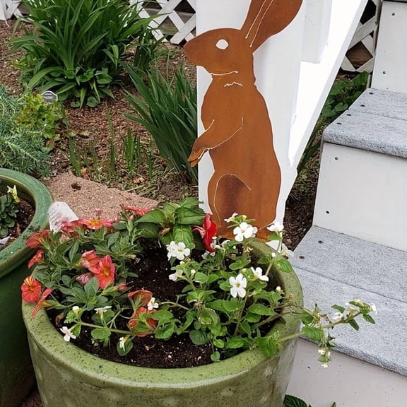 HELLOYOUNG 15 Inch Rustic Metal Rabbit Garden Stake Rusty Bunny Silhouette Standing Sculptures for Farmhouse Outdoor Decor & Christmas Easter Wonderful Holiday Decor Addition