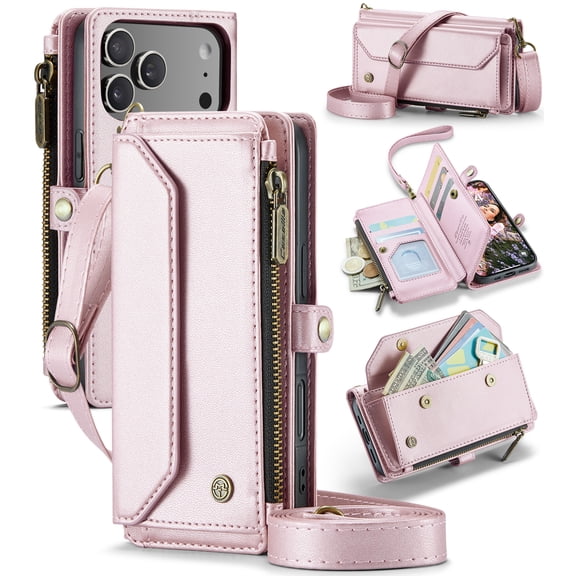 For iPhone 18 Pro Case Crossbody Wallet PU Leather Magnetic Flip Folio Wristlet Shoulder Strap 3-in-1 Crossbody Phone Case with Card Slots Zipper Pocket for Women Men,Pink