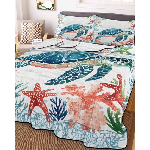 Teal Red Coastal King Size Down Alternative Comforter, Lightweight Comforter Quilt Bedding Set with Pillow Shams Summer Beach Turtle Starfish Nautical All Seasons Bed Comforter Duvet Insert 96"x106"