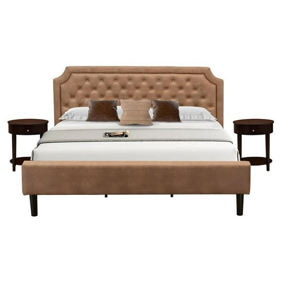 East West Furniture 3-Piece Granbury Bedroom Set with Button Tufted Bed and 2 Antique Mahogany Mid Century Nightstand-Brown Faux Leather Texture and Black Legs, King Size