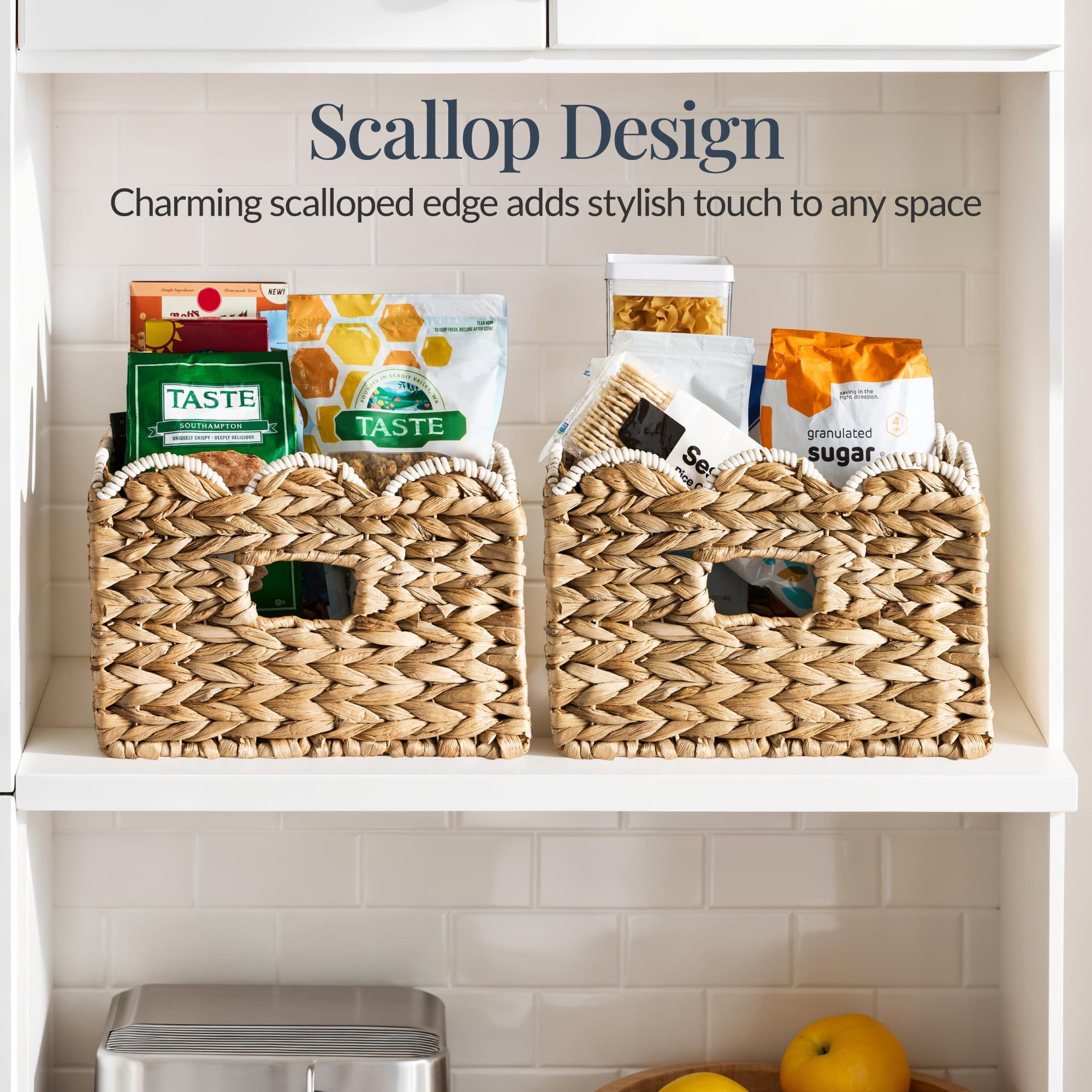 Best Choice Products 16x12 Scalloped Shelf Baskets, Woven Storage Bins, 2 Pack - Natural with White Trim