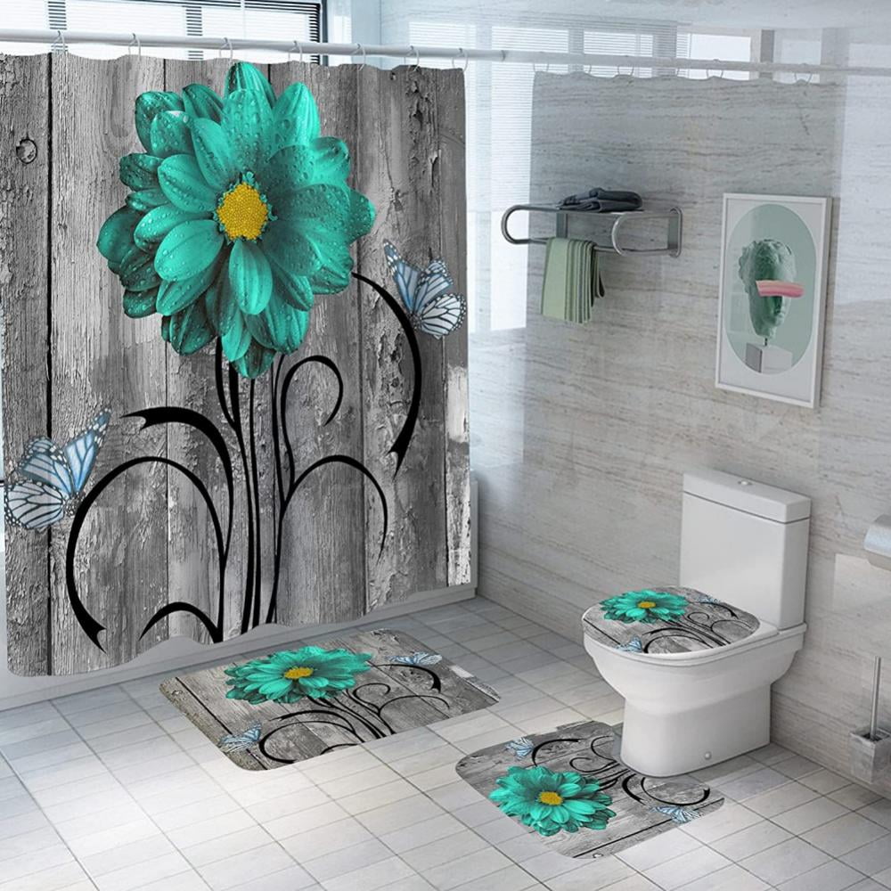 Floral Shower Curtain Bathroom Rug Set Bath Mat Non-Slip Toilet Lid Cover