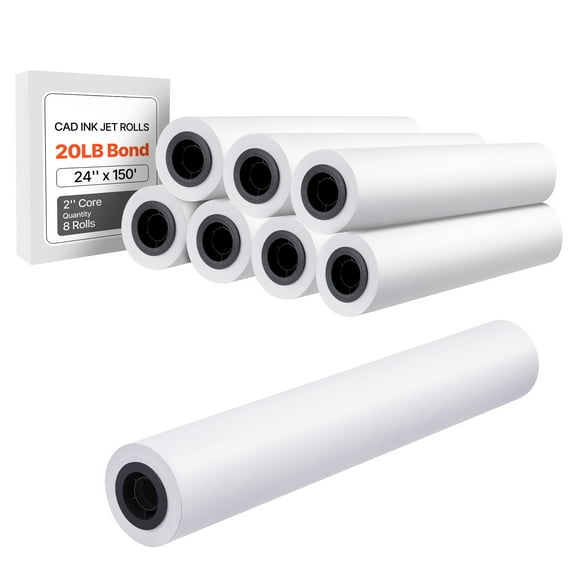 KFFKFF Wide Format Paper, 24 in x 150 ft Plotter Roll, 8 Rolls with 2 in Core, 20 LB Bond Paper, Suitable for CAD Drawings, Engineering Plans, GIS Maps, and Architectural Blueprints