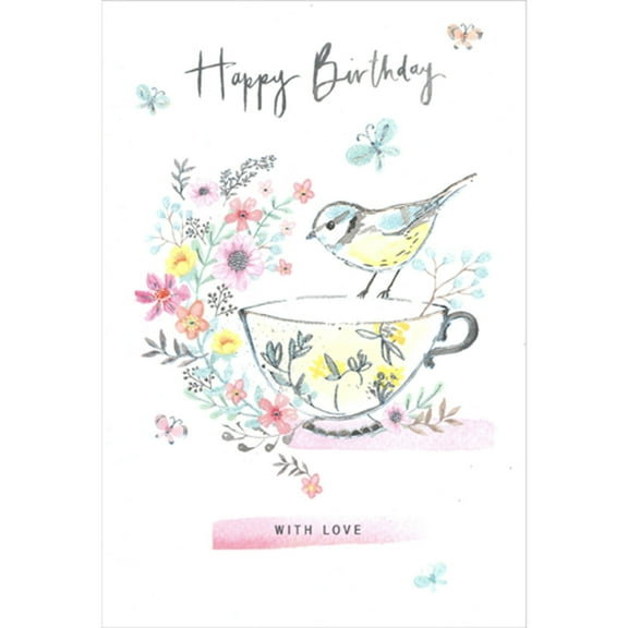 Pictura Small Silver Foil Lined Bird Perched on Floral Teacup Birthday Card