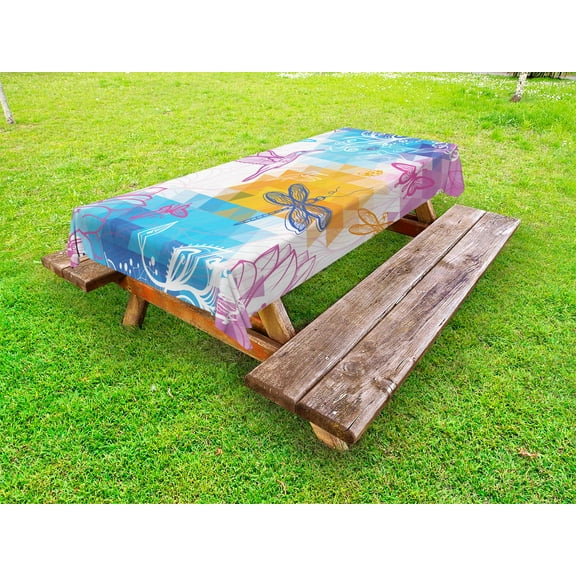 Dragonfly Outdoor Tablecloth, Beetle Dragonfly and Bird Shapes over Geometrical Angled Bound Triangle Forms Graphic, Decorative Washable Fabric Picnic Tablecloth, 58 X 104 Inches, Multi, by Ambesonne