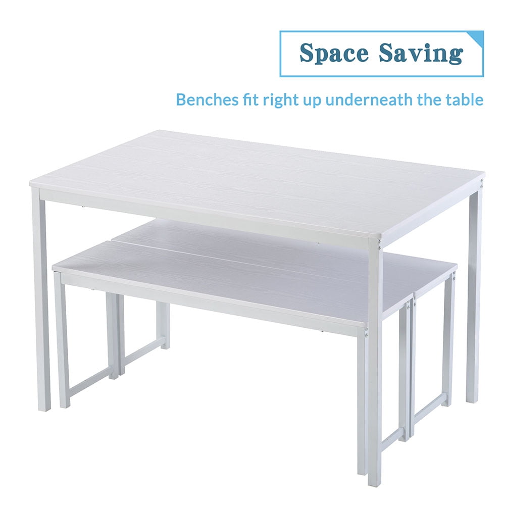 Kepooman 3-Piece Dining Table Set with Two Benches, White