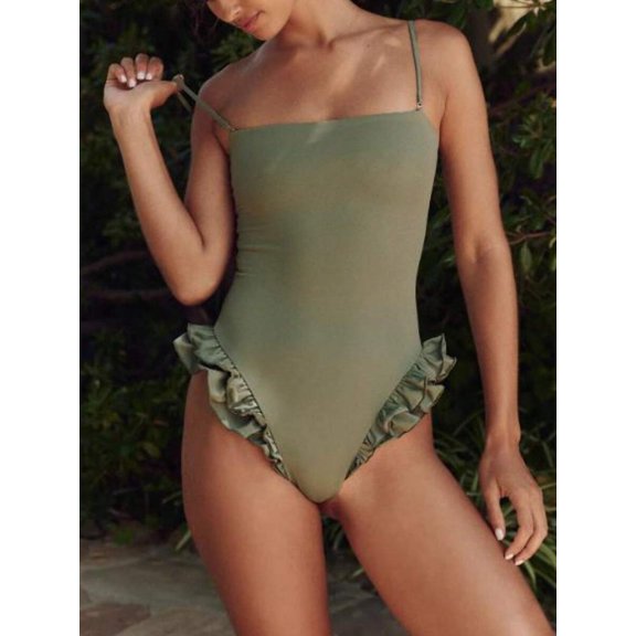 Women's One Piece Bathing Suit Y2k Ruffle Bathing Suit Spaghetti Strap Square Neck Sleeveless Backless Swimsuits Summer Beach Swimwear Bikini