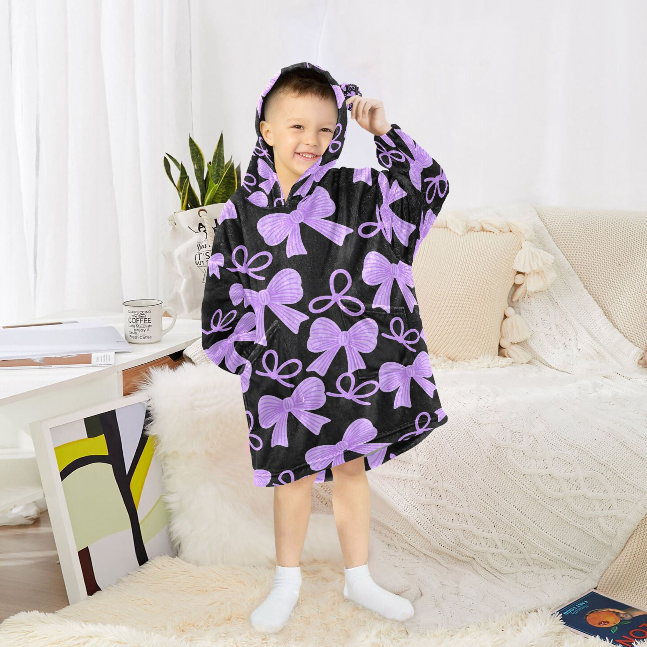 joogoo Blanket Hoodie for Purple Bows Oversize Sweatshirt 3-14 YR L