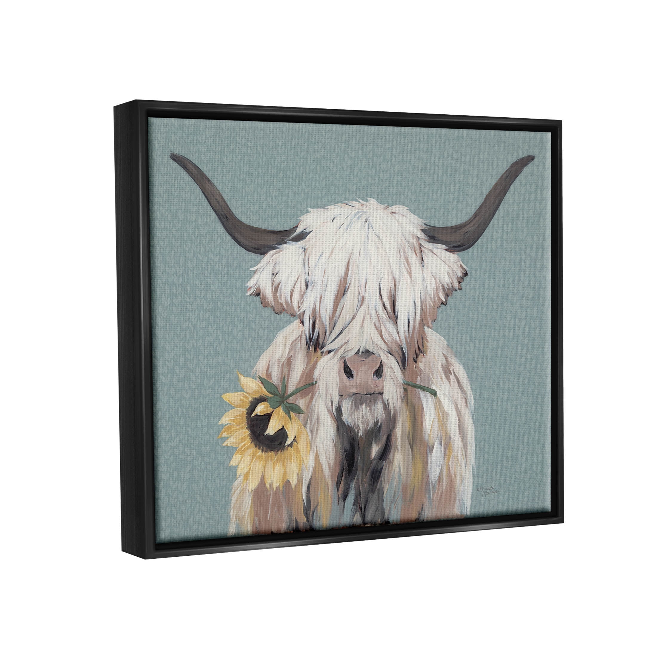 Stupell Industries Highland Cattle Biting Sunflower Bloom Painting Jet Black Floating Framed Canvas Print Wall Art, Design by Michele Norman