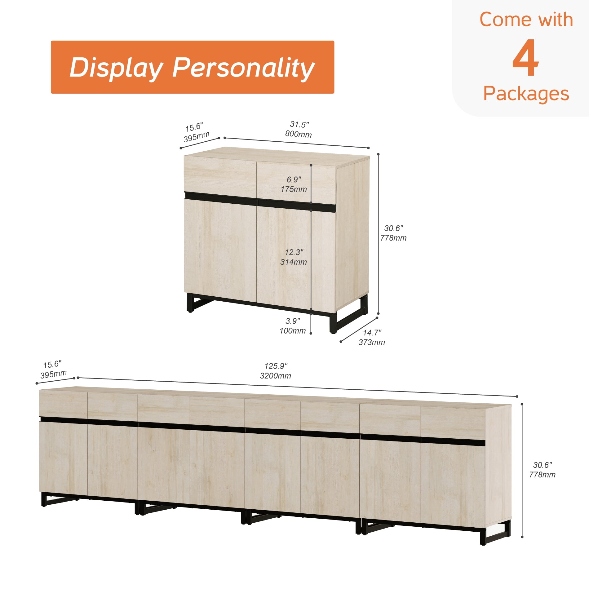 126 Inch Modern TV Stand for TVs up to 120 Inch, 4 Packs Wood Entertainment Center with Storage Doors, Adjustable Shelves and Heavy-Duty Metal Base, Long Media Console Table for Living Room,Beige