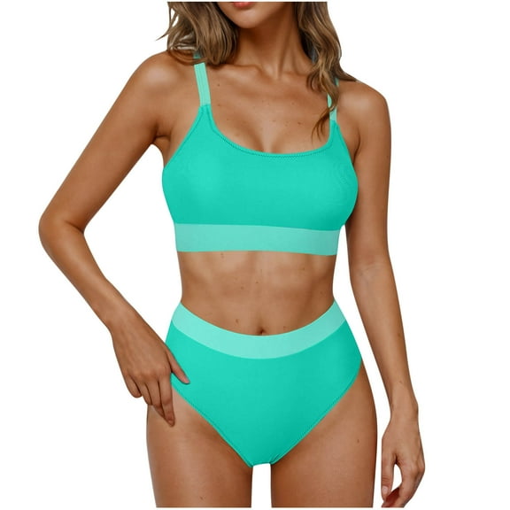UTSJKR Womens High Waisted Bikini Sets Sporty 2 Piece Swimsuits Color Block Full Coverage Modest Tummy Control Bathing Suits Green S