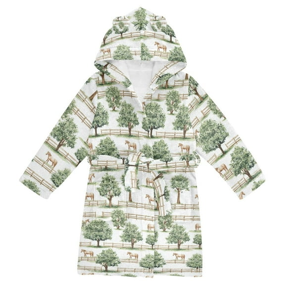 FORMRS Niños Bathrobe Unisex Hooded Robe Soft Plush Pajamas Sleepwear, Size 2-3T, Watercolor Horses Pattern