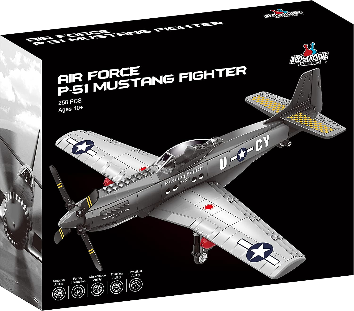 Apostrophe Collectible Air Force Mustang Fighter Plane Model Building Kit, 17", 258 Pieces