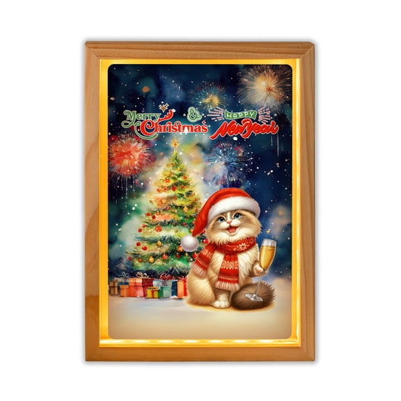 Merry Christmas and Happy New Year Santa Ragdoll Holiday Xmas Winter 2025 Acrylic Plaque with Wood Photo Frame Box Cat Lover Kitten Owner Gifts Idea Light Box - 00024