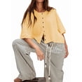thumbnail image 3 of Women Y2K Button Front Crop Sweater Cardigan Solid Color Crew Neck Middle Sleeve Knit Tops Streetwear Yellow S, 3 of 7
