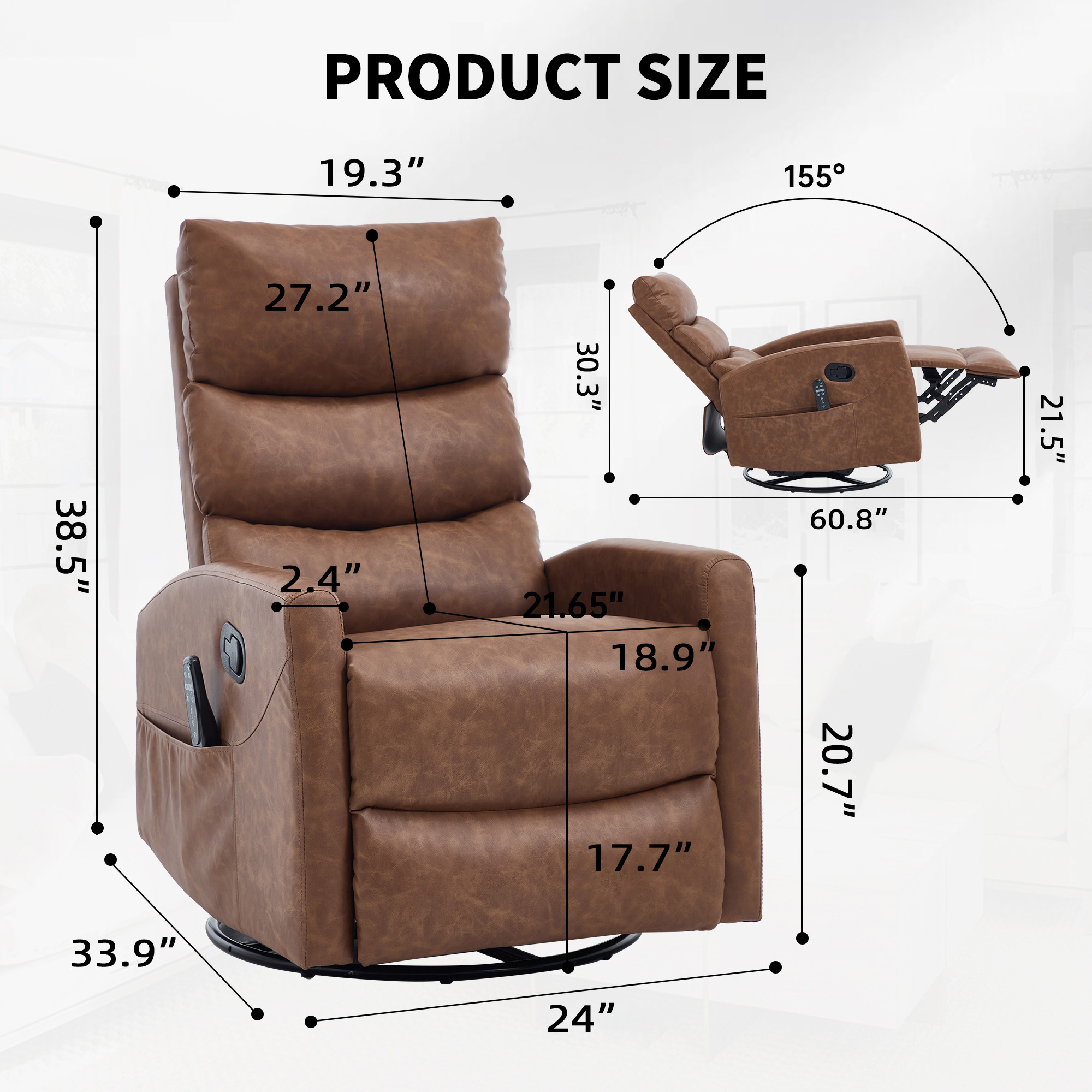 Leumius Swivel Recliner Chair,360° Glider Rocking Chair with Massage and Heating,PU Leather Small Manual Recliner for Nursery Home Theater,Yellow Brown PU