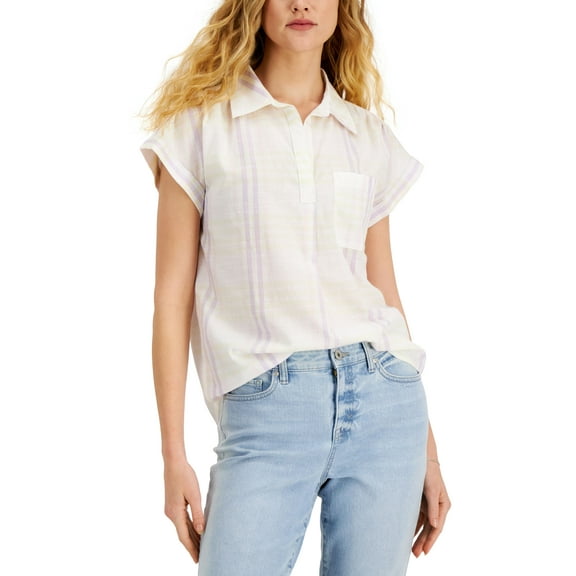 Style & Co Cotton Plaid Print Camp Shirt Box Plaid Multi S