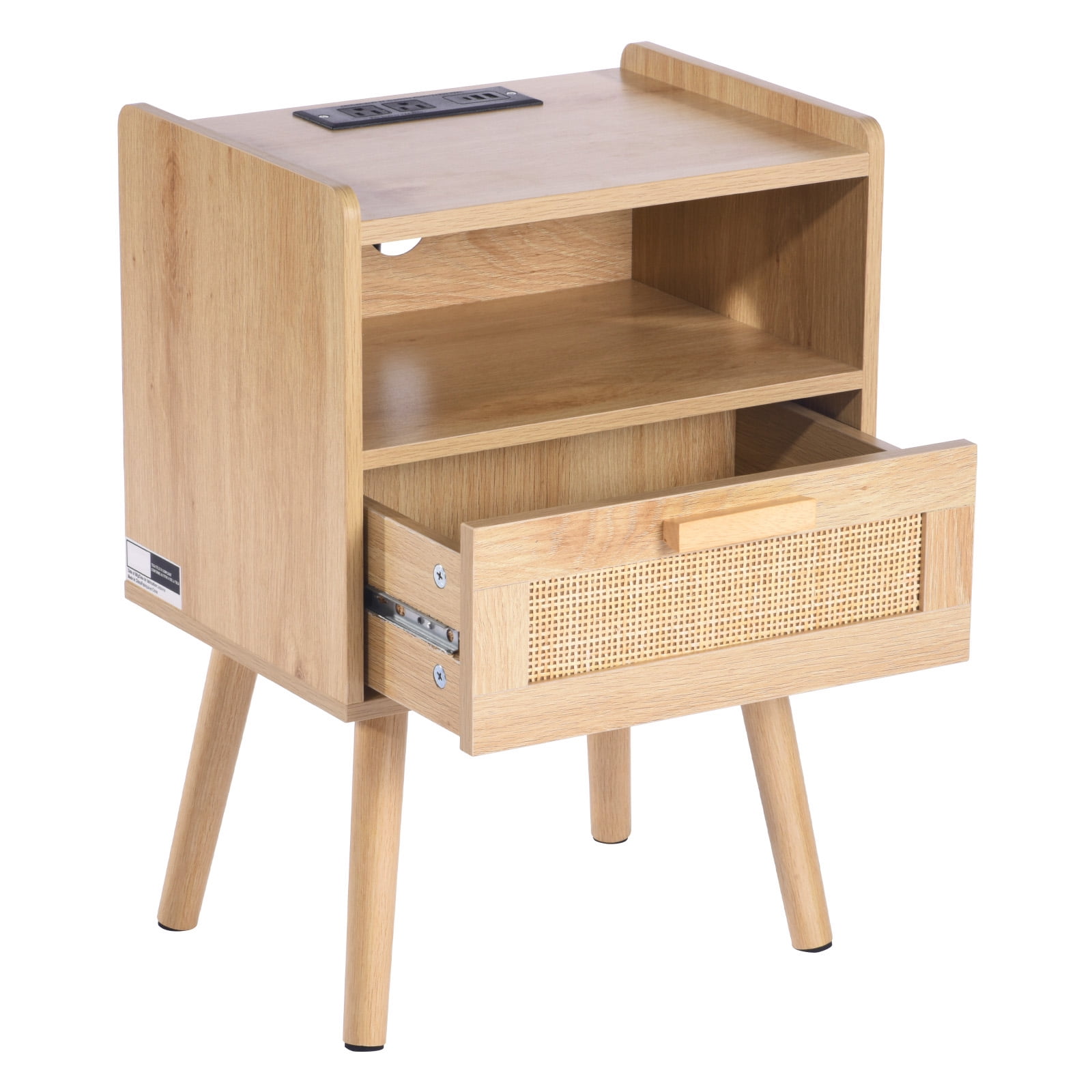 KFFKFF Wicker Nightstand, Chic Bedside Stand with Drawer and Open Shelf, Wooden End Table with Sturdy Wood Legs, Wicker Accent Table with Power Outlet, Suitable for Bedroom, Office & Lounge