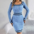 thumbnail image 2 of Ediodpoh Women Autumn Winter Knitted Block Striped Long Sleeve Midi Dress Sweater Dress with Square Neck Buttons Light Blue XL, 2 of 6