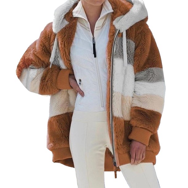 Moda mujer invierno abrigo de felpa empalme con capucha manga larga cremallera bolsillo cálido CACAGOO Abrigo de mujer