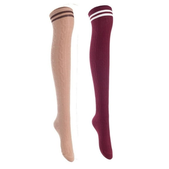 Lian Style Women's 2 Pairs Incredible Durable Super Soft Unique Over Knee High Thigh High Cotton Socks Size 6-9 J1023 Khaki, Wine