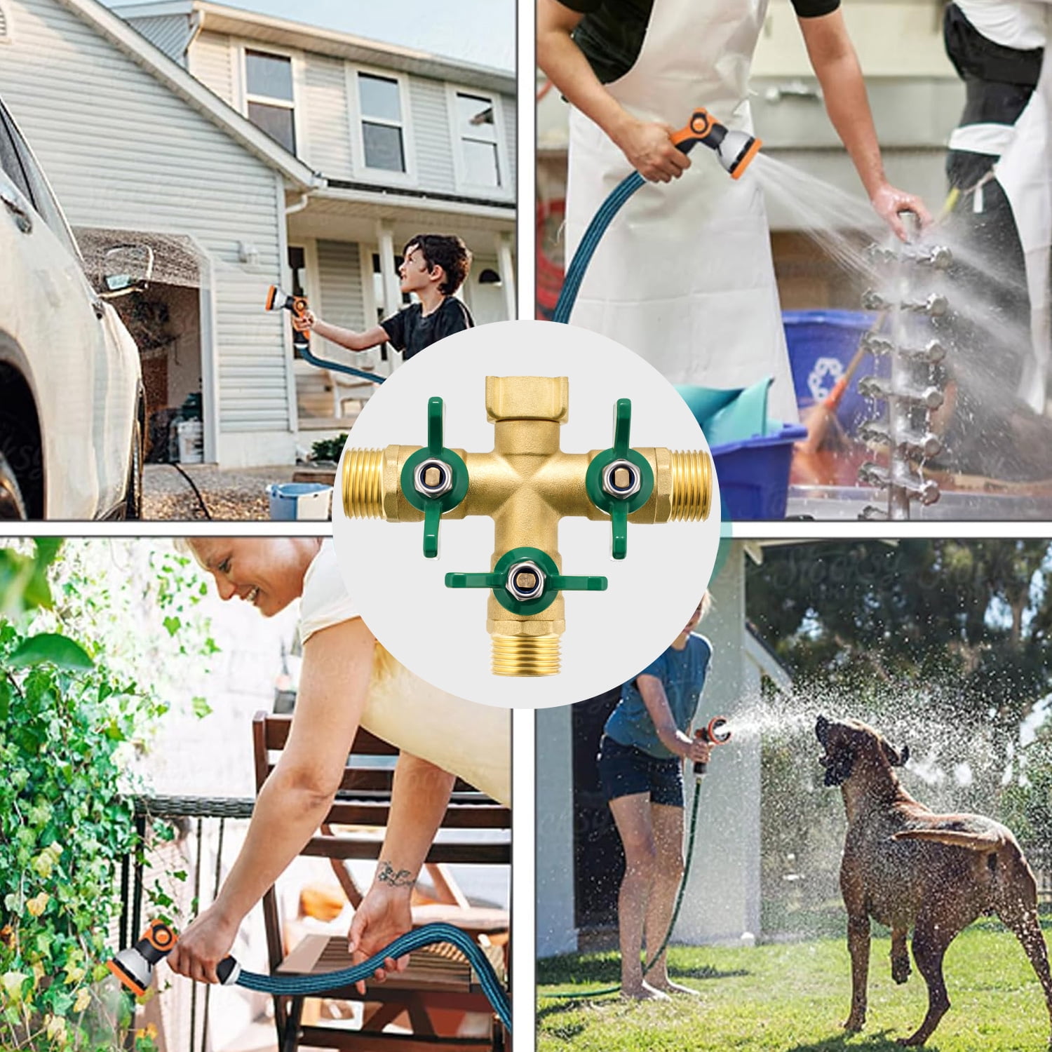 3-Way Brass Garden Hose Splitter, Heavy Duty Water Hose Valve with Long Handles for Lawn and Yard Watering