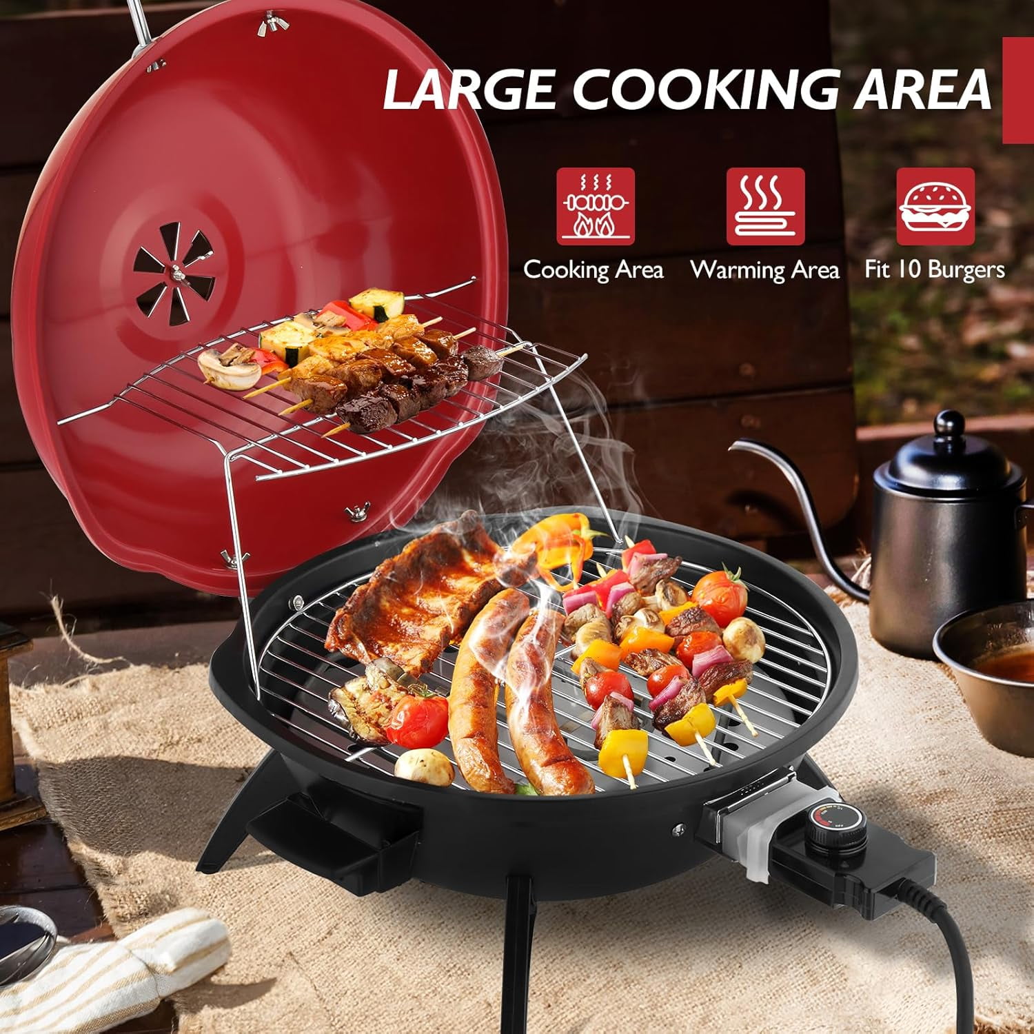1600W Red Tabletop Electric Grill with Temperature Control, 304 Stainless Steel Grill w/Double Layer Design, Portable & Removable, Small Stove for Indoor and Outdoor Use
