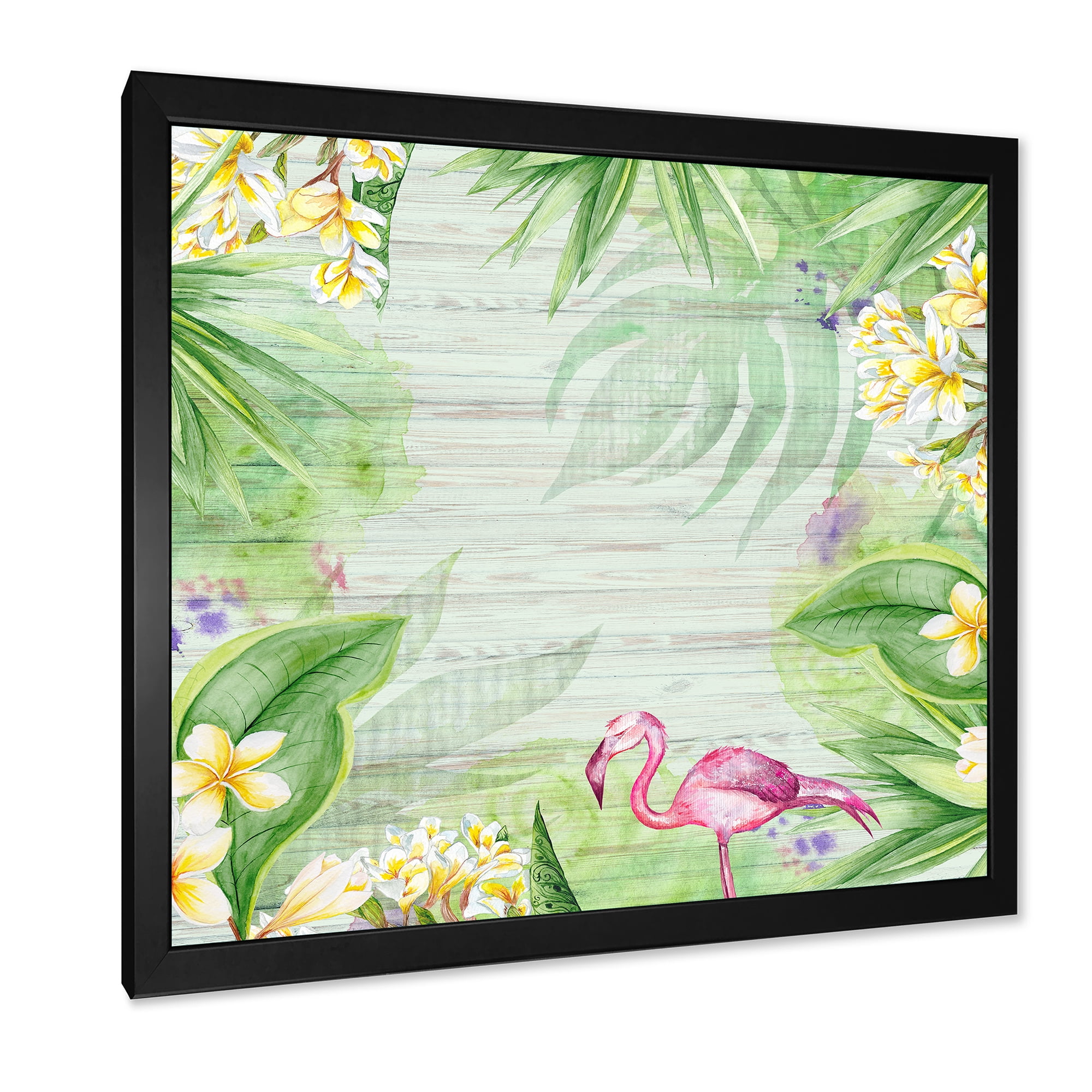 Designart 'Yellow Flowers, Tropical Foliage With Flamingo I' Modern Framed Art Print