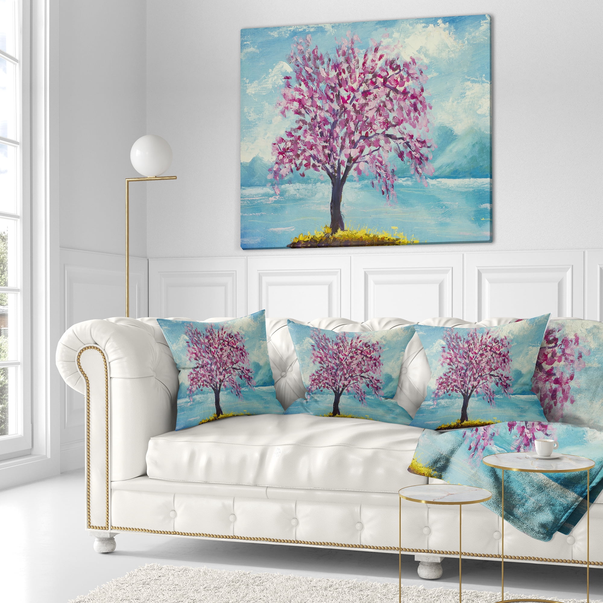 Designart Blooming Sakura Flowers - Floral Throw Pillow - 16x16