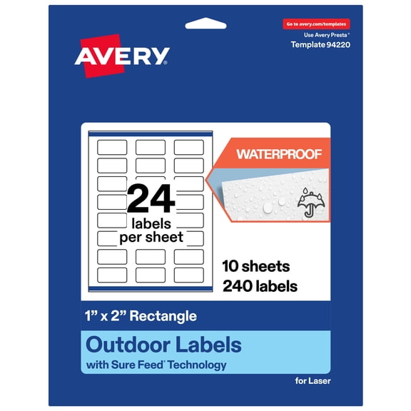 Avery Waterproof Rectangle Labels, 1" x 2", 240 Total