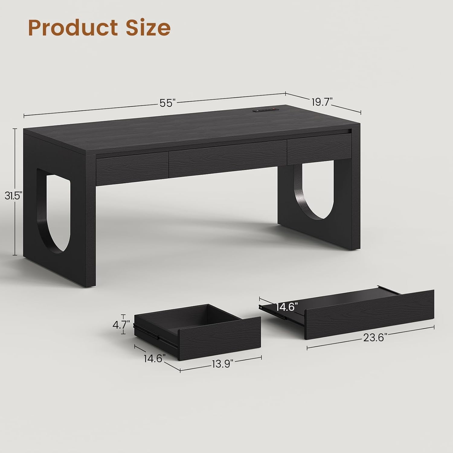 SEDETA 55" Executive Desk with 3 Drawers, Modern Office Desk with U-Shaped Legs, Wood Computer Desk with Power Outlet, Home Office Desks with Relief Texture, Black