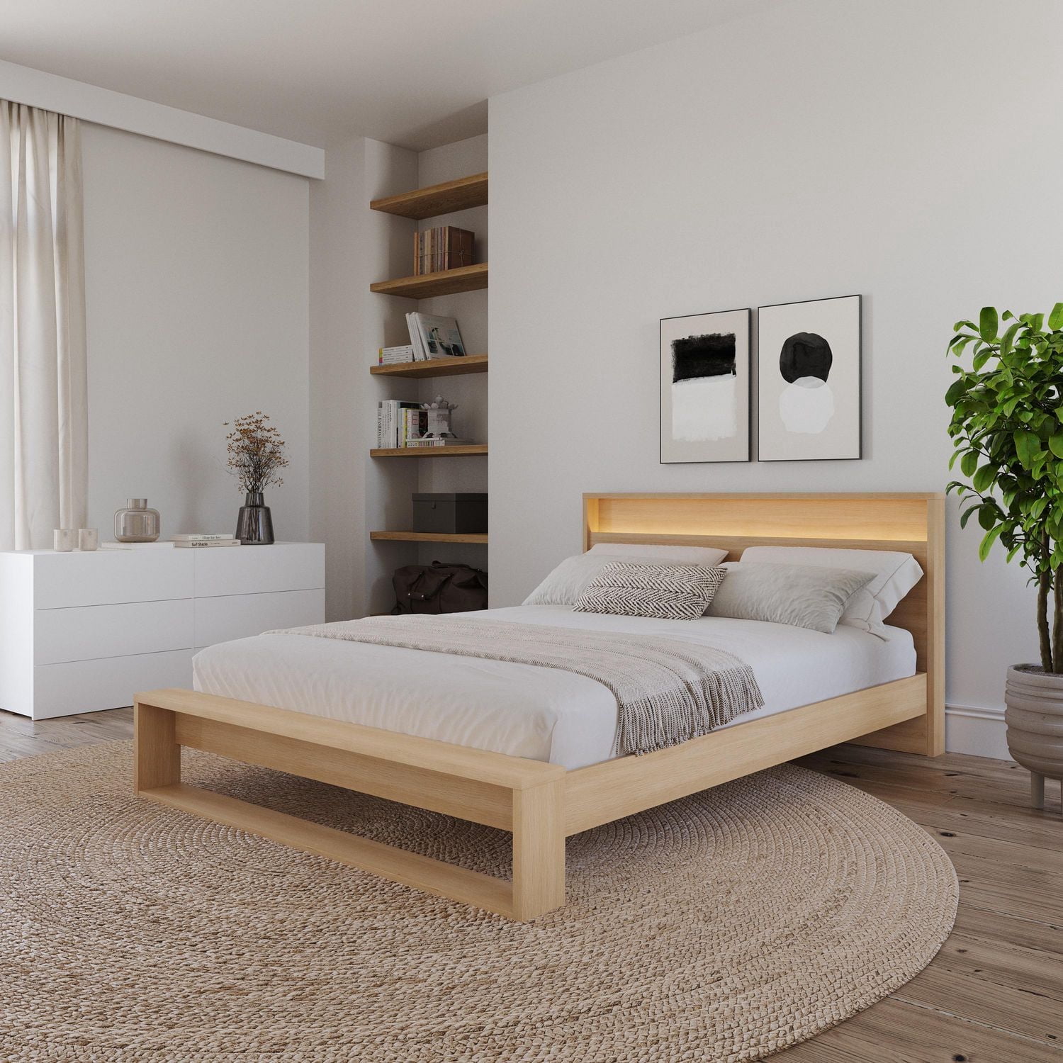 Gael Queen Size Bed Set with Slatted Bedframe and Headboard with Integrated Light