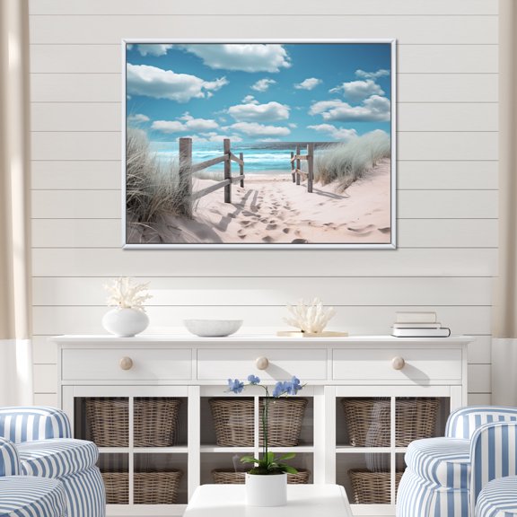 Designart "Dreams Path Beach Seascape I" Nautical & Beach Floater Framed Canvas Wall Art