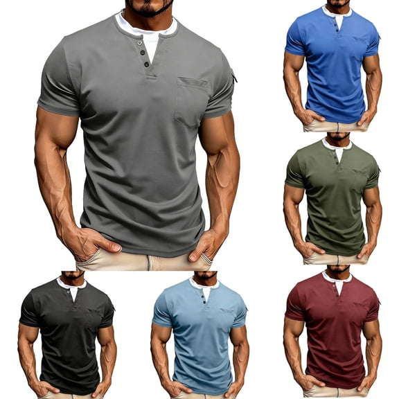 WIZUTIZ Men's Fake Two Pieces Henley Tshirts Classic T Shirts with Pocket Trendy Tee Short Sleeve Fashion Spring Clothes Men