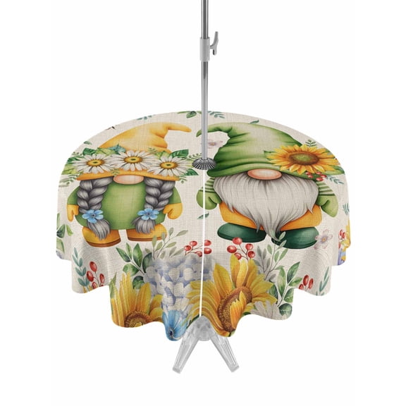 Outdoor Tablecloths with Umbrella Hole & Zipper, Sunflowers Round Tablecloths 60 Inch, Spring Gnomes Hydrangea Daisy Botanical Beige Waterproof Table Cloth, Patio/Pool/Picnic Table Covers