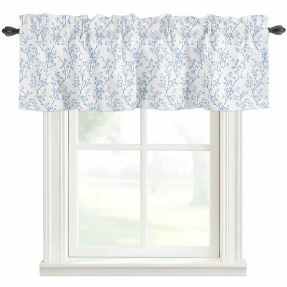 Blue Flower Window Valance Curtain Floral Tree Branch Rod Pocket Short Curtain for Living Room, Bedroom & Kitchen Window Decor 60x18in