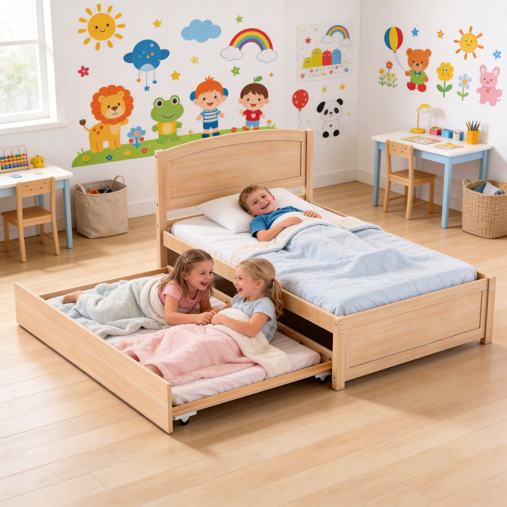 Guqiart Twin Size Trundle Bed Frame, Solid Wood Construction with Headboard, Roll Out Trundle & Wood Slat Support, Single Platform Bed No Box Spring Needed