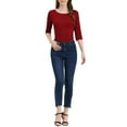 thumbnail image 2 of INSPIRE CHIC Women's Tops Elbow Sleeves Boat Neck Slim Fit Classic Tee Shirt XL Wine Red, 2 of 7