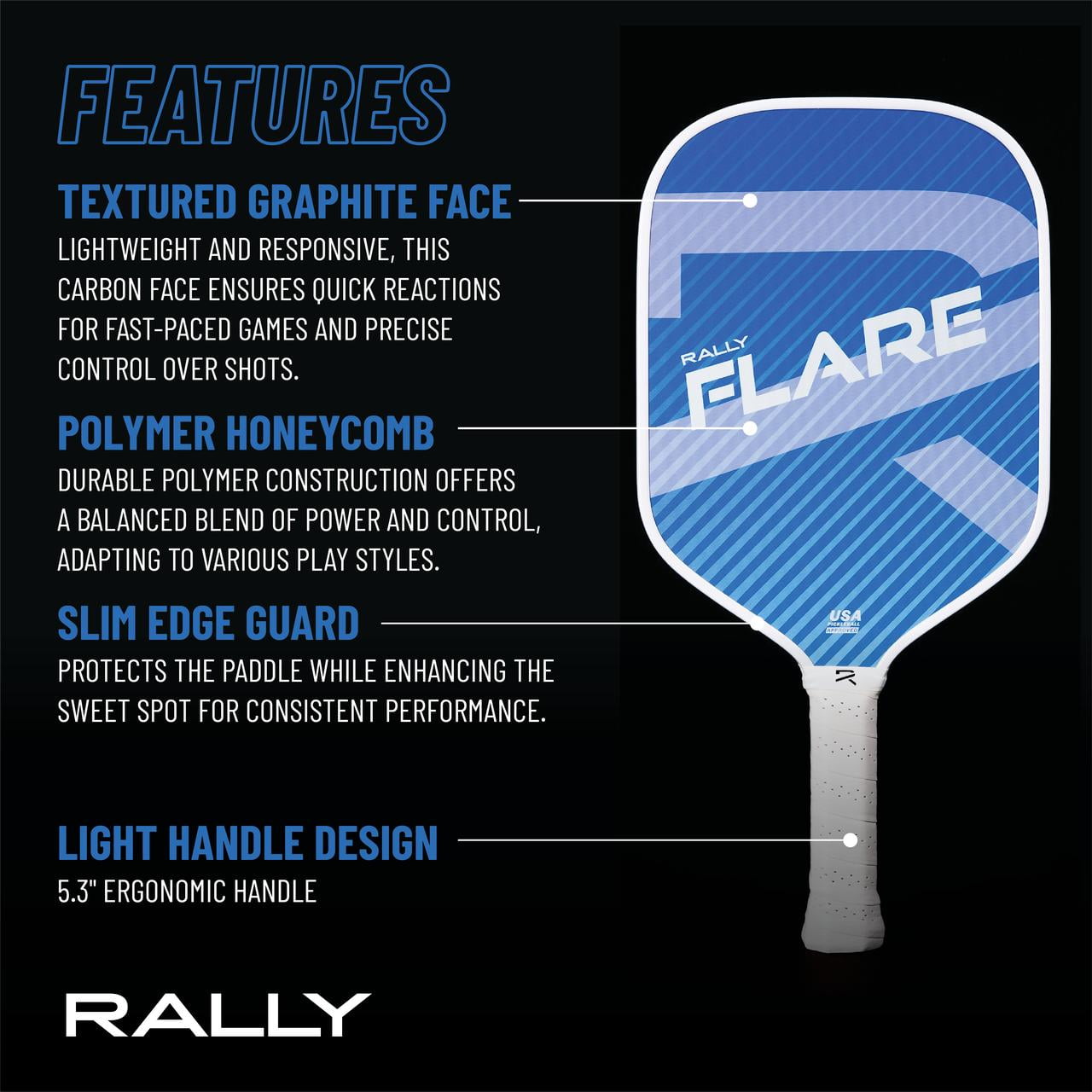 Rally Flare Graphite Pickleball Paddle – 2025 & Original Versions | Lightweight Design, Durable Polymer Core, Carbon or Graphite Face, USAPA Approved (Blue)