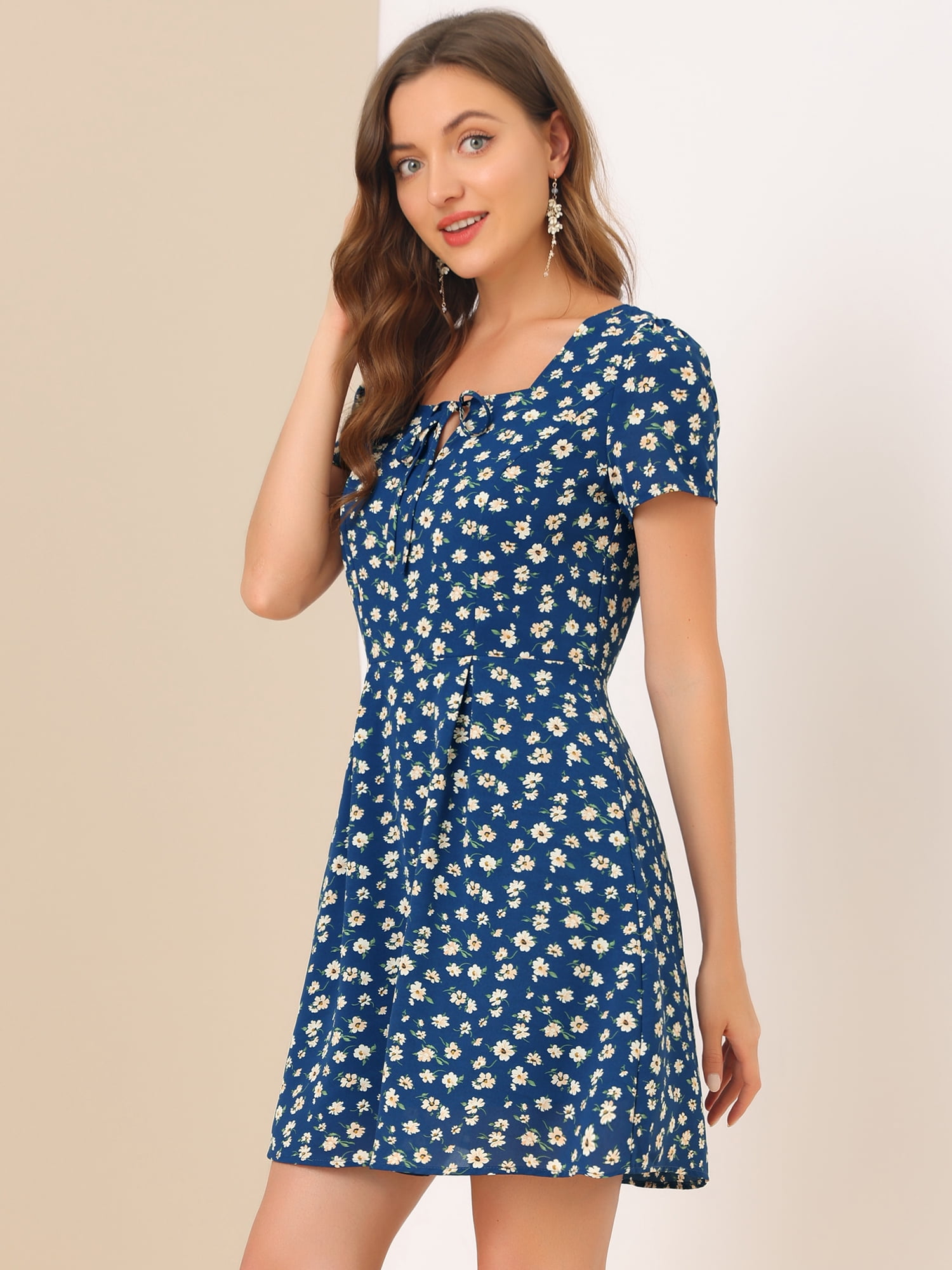 DARING DIVA Square Neck Short Sleeve Print A-Line Dress XS Blue-Floral
