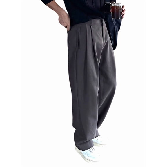 Mens Vintage Dress Pants Old Money Style Pleated Baggy Wide Leg Slacks for Work & Casual Wear Dark Gray XL