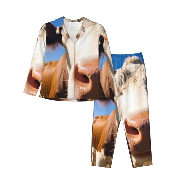Balery Blue Sky Meadow Cute Cow Conjunto de Pijama con Estampado para Mujer, Conjunto de Dos Piezas con Manga Larga, Ropa de Dormir Suave con Bolsillos, Pijamas Cómodos-X-Large