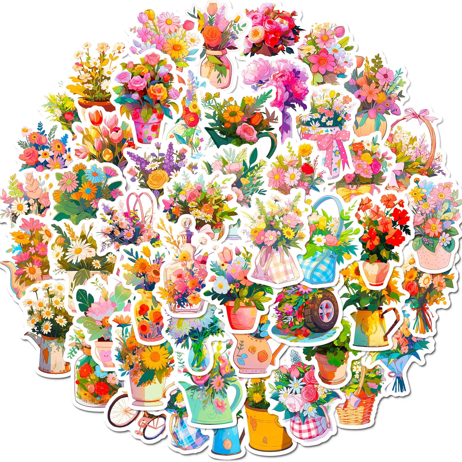 50-Pack Handheld Flower Stickers - Romantic Floral Doodle Designs, Cute Fresh Style, Ideal for DIY Projects and Cross-Border Trends