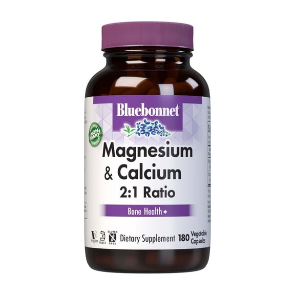 Bluebonnet Magnesium & Calcium 2:1 Ratio, Bone Health*, 180 Vegetable Capsules, 60 Days