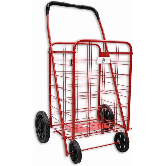 ATH Large Deluxe Rolling Utility / Shopping Cart - Stowable Folding Heavy Duty Cart with Rubber Wheels For Haul Laundry, Groceries, Toys, Sports Equipment, (Red, XL)