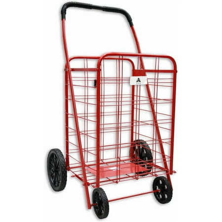 ATH Large Deluxe Rolling Utility / Shopping Cart - Stowable Folding Heavy Duty Cart with Rubber Wheels For Haul Laundry, Groceries, Toys, Sports Equipment, (Red, XL)