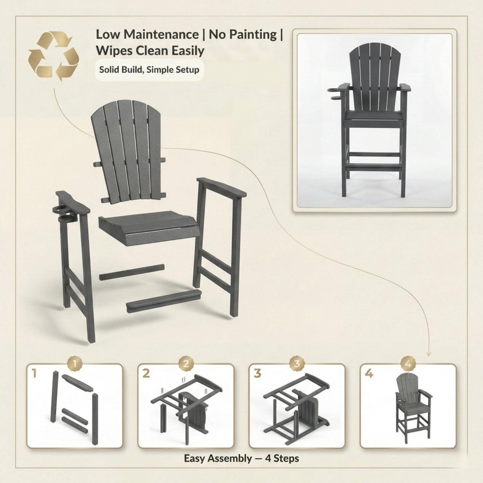 Bar Height Adirondack Chair with Cup Holder, Outdoor Patio HDPE Bar Chair with Armrests, Ergonomic High Back Chair for Deck, Porch, Backyard