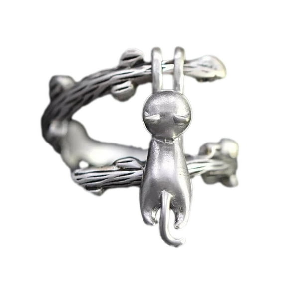 Christmas Gifts Meitianfacai Rings for Women Valentine's Day Gifts Creative Cat Climbing Tree Tree Ring Gift Cute Cat Finger Ring Silver
