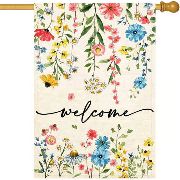 AUQ Spring Summer Welcome Floral House Flag 28X40 Inch Double Sided Large Yard Flag Outside Outdoor Seasonal Burlap Flowers Flags Home Patio Decoration
